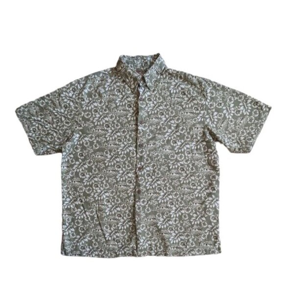 Large Silk Hawaiian Button Up Short Sleeve Shirt Green White Palm Tree Caribbean - Picture 1 of 11